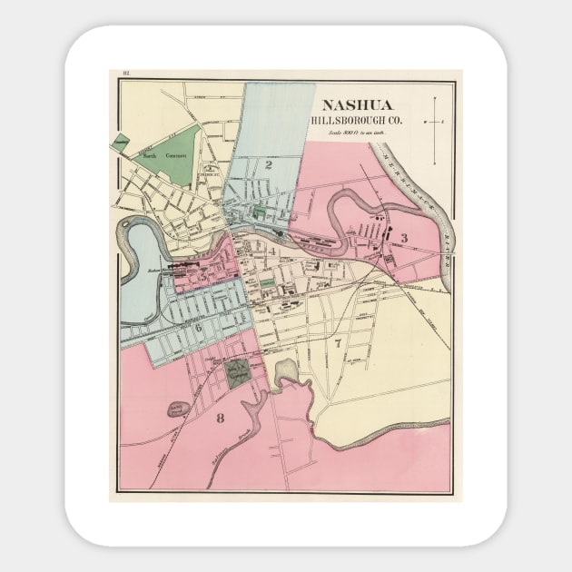 Vintage Map of Nashua NH (1877) Sticker by Bravuramedia